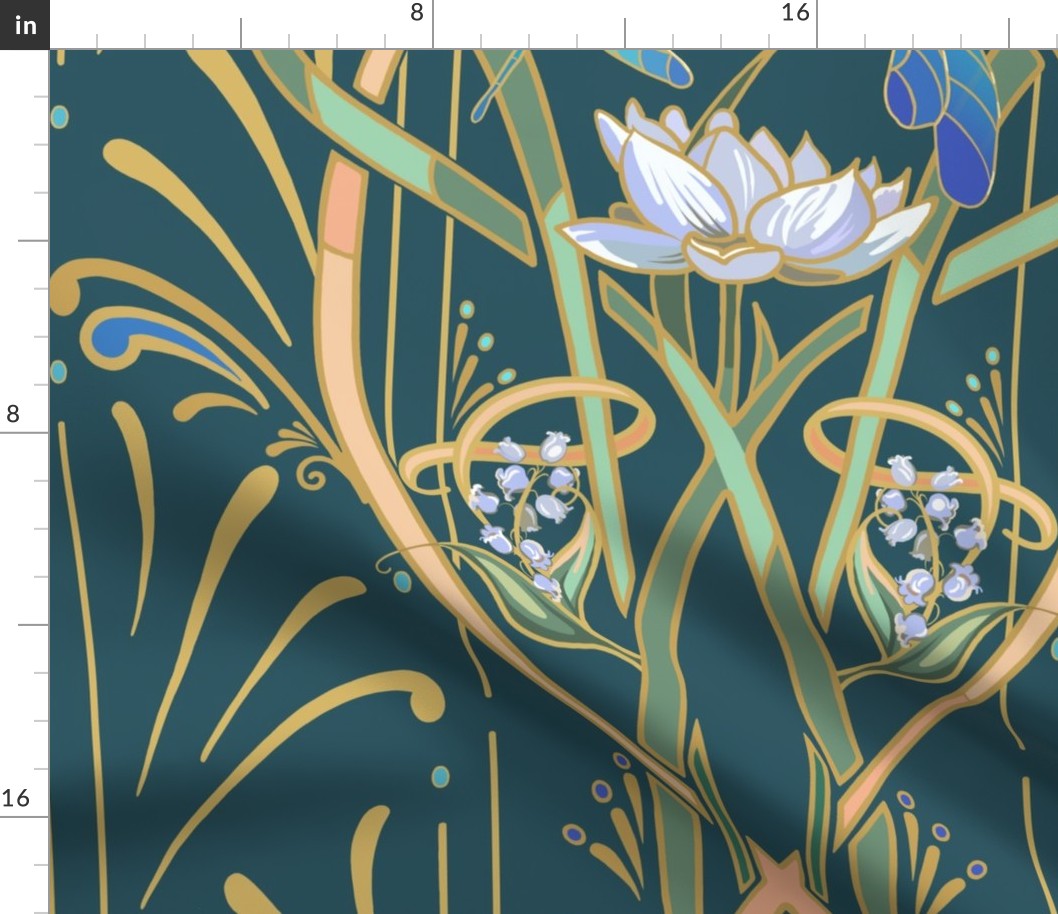 Art Nouveau Dragonflies Deep Teal Fabric Spoonflower
